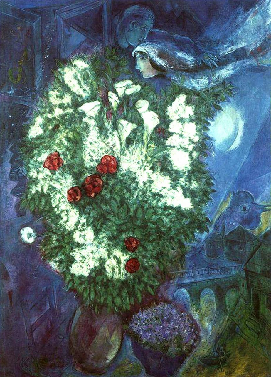 Bouquet aux amoureux volants contemporain Marc Chagall Peintures à l'huile
